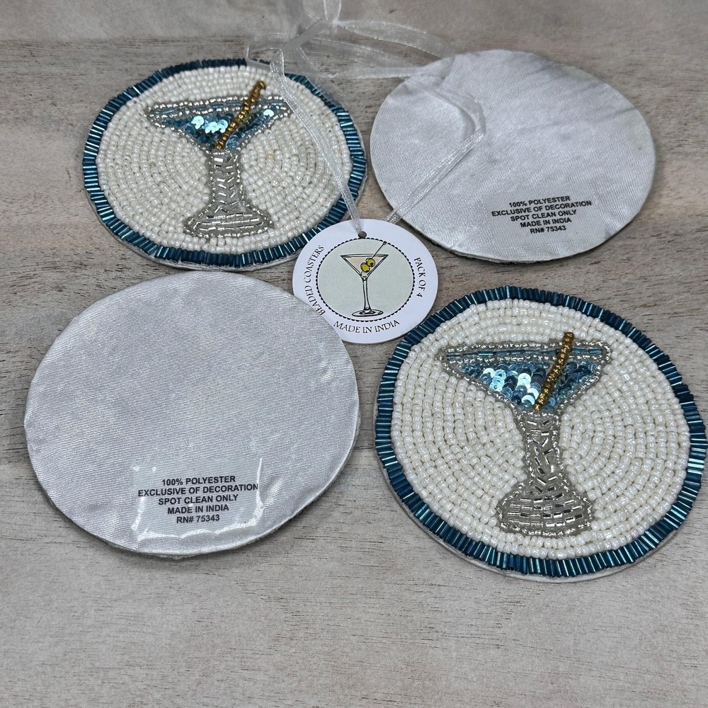 Handmade Beaded Martini Coaster Set Teal White Glass Bead Barware Decor - Picture 3 of 9